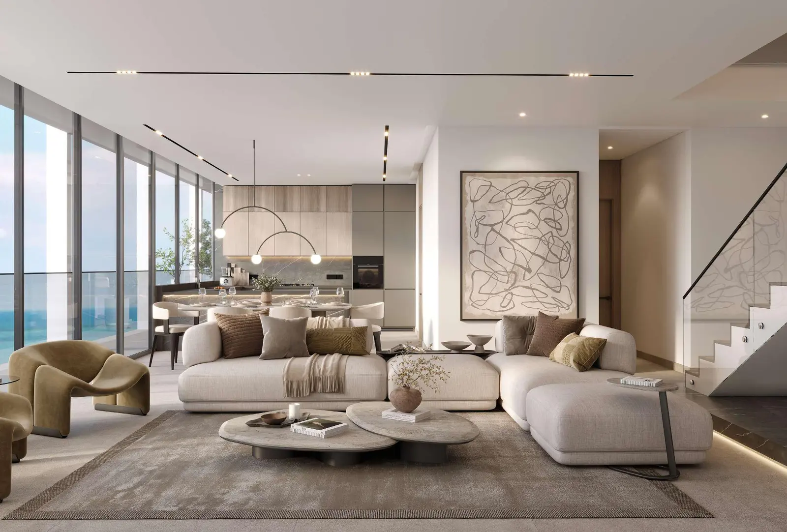 Elegant bedroom interior at Opula Residences showcasing natural lighting, refined materials, and modern Abu Dhabi luxury living.