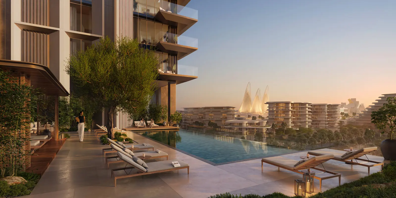 Sei Saadiyat dining area with refined finishes, elegant lighting and seamless connection to the living space