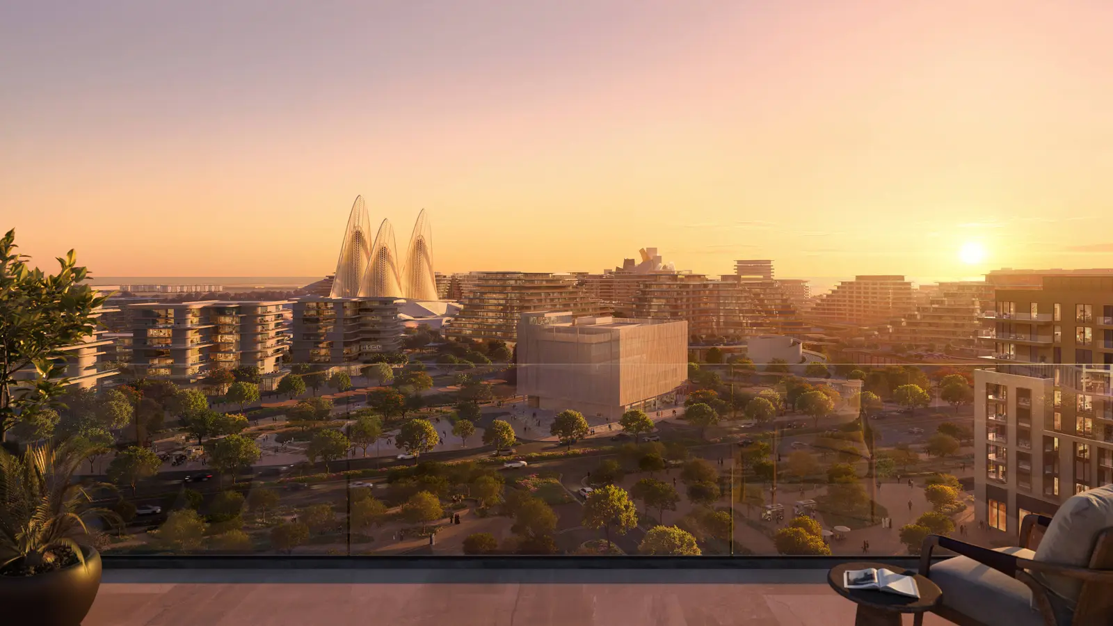 Architectural exterior view of Sei Saadiyat showing elevated gardens and soft light reflections