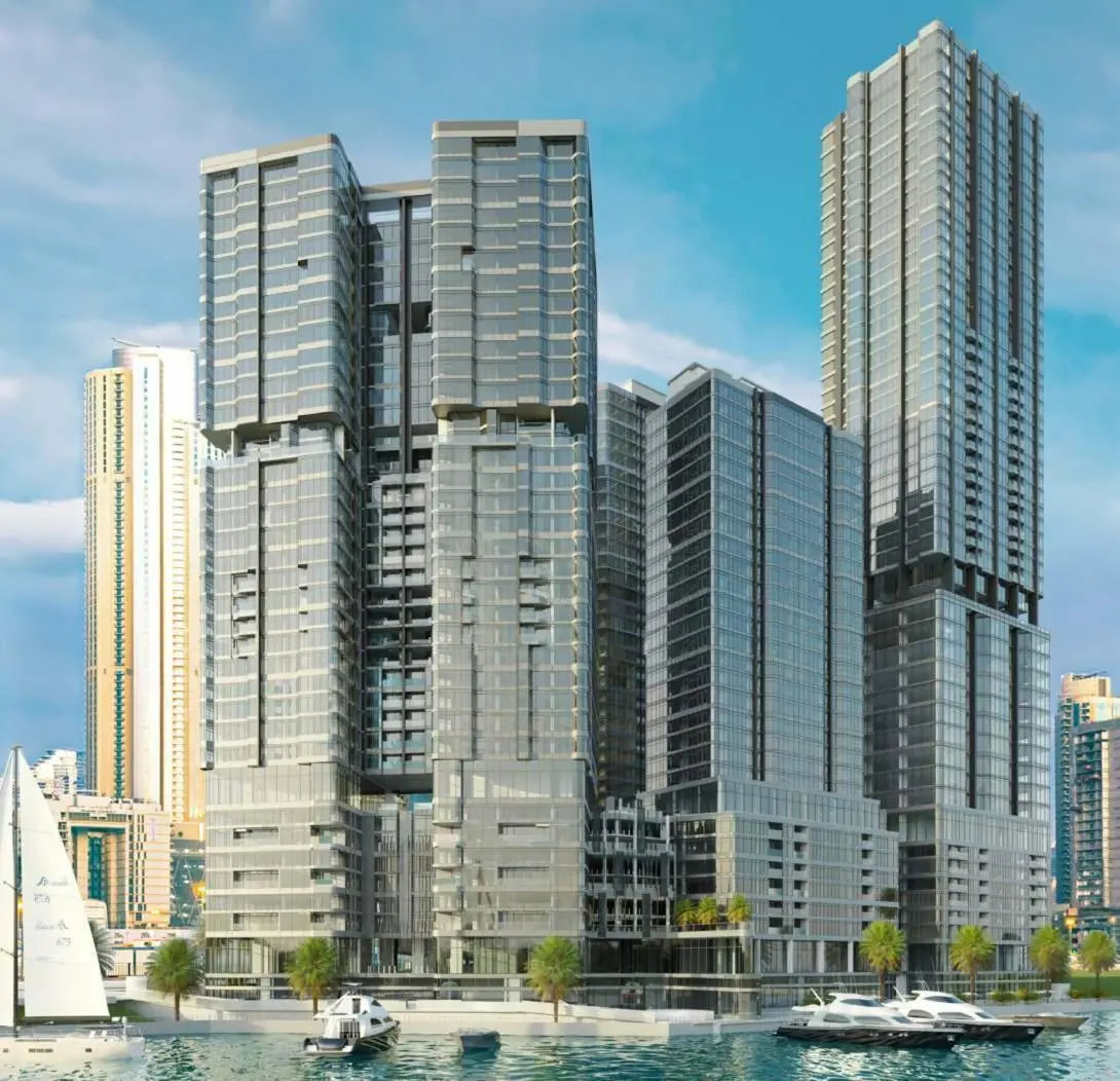 High-rise luxury residential architecture of Radiant Bay rising above the scenic waterfront of Al Reem Island, Abu Dhabi.