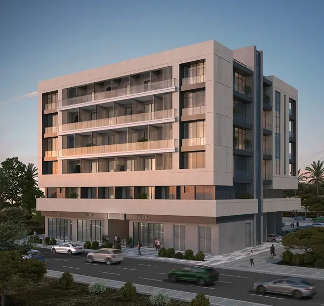 Contemporary mid-rise exterior facade of nasma1 mixed-use residential building in Al Shamkhah Abu Dhabi