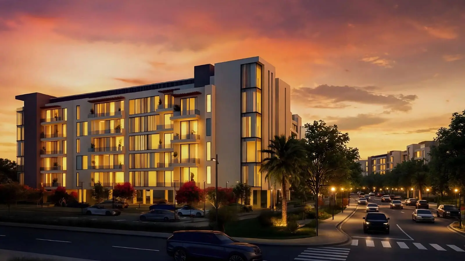 MERITO Residential Abu Dhabi exterior view with JADARA’s signature boutique design, premium finishes, and landscaped green surroundings.