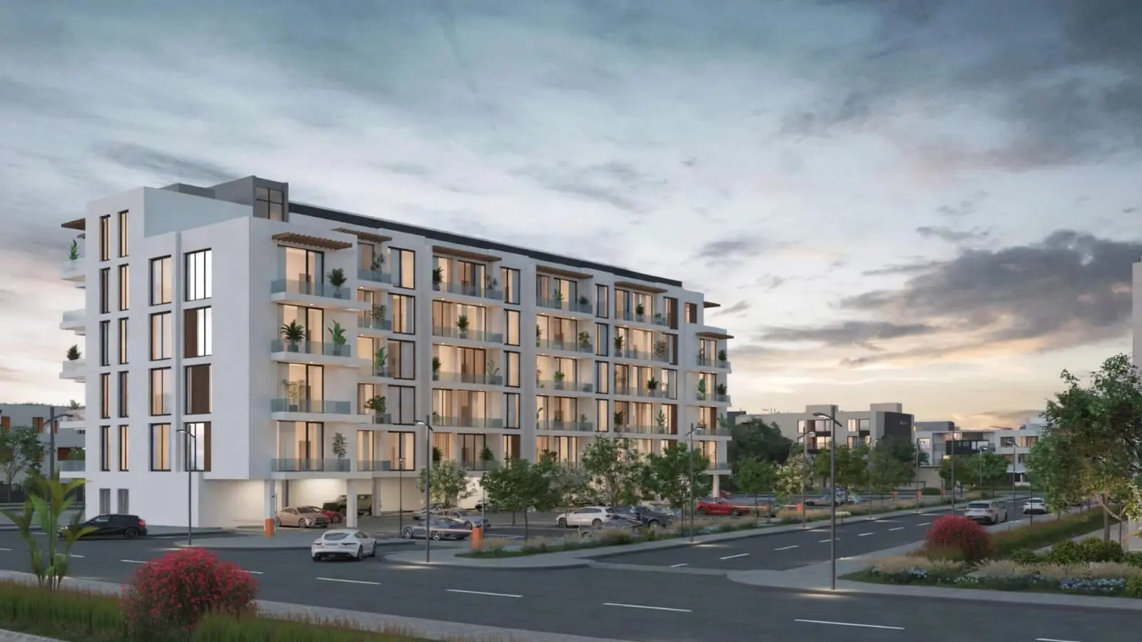 MERITO Residential Abu Dhabi exterior façade showcasing premium design, balconies, and lifestyle retail spaces in Al Reeman community.