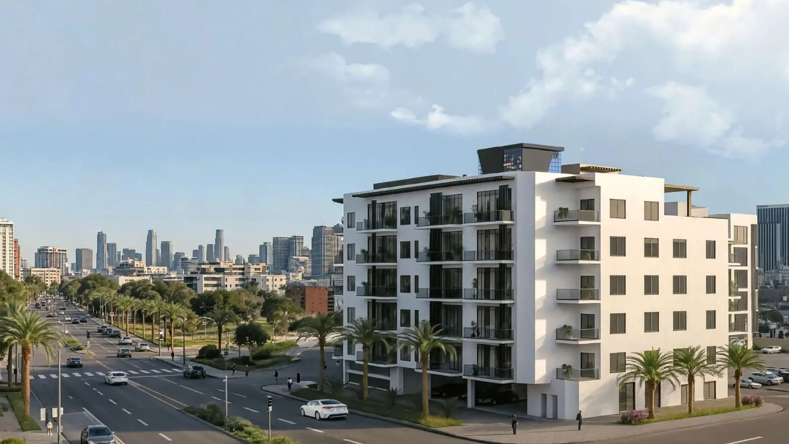 MERITO Abu Dhabi Al Reeman exterior perspective highlighting boutique apartments, modern architecture, and landscaped pathways.