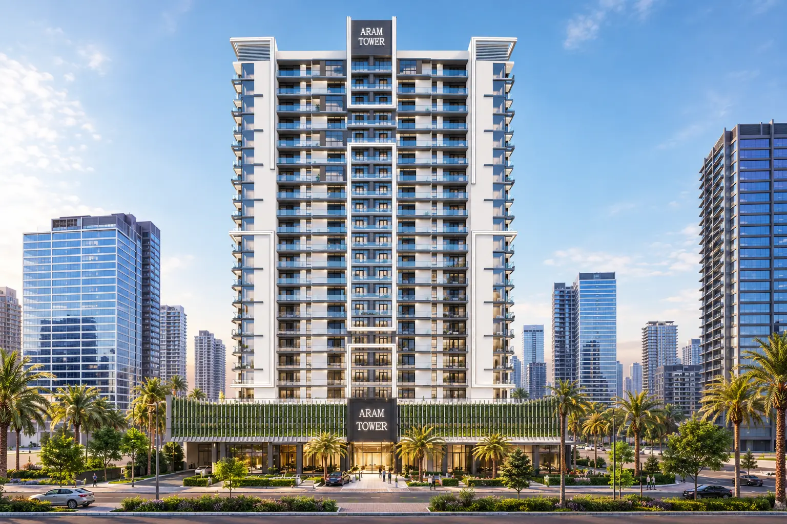 Modern high-rise architectural facade of Aram Tower rising along the coastline of Al Reem Island Abu Dhabi