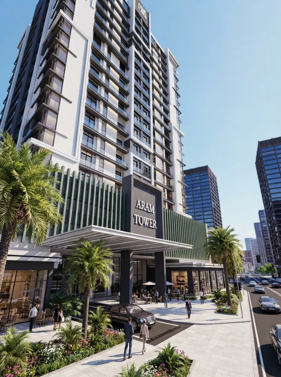 Landscaped outdoor barbecue area and social seating zone within the podium grounds at Aram Tower
