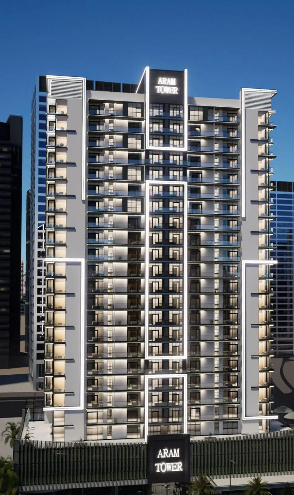 Night architectural lighting highlighting facade details and balcony glass elements at Aram Tower Abu Dhabi
