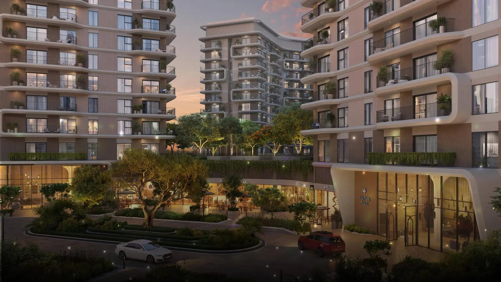 Ground-level exterior amenities at Yas Park Place Yas Island Abu Dhabi UAE featuring greenery and pedestrian-friendly design..jpg