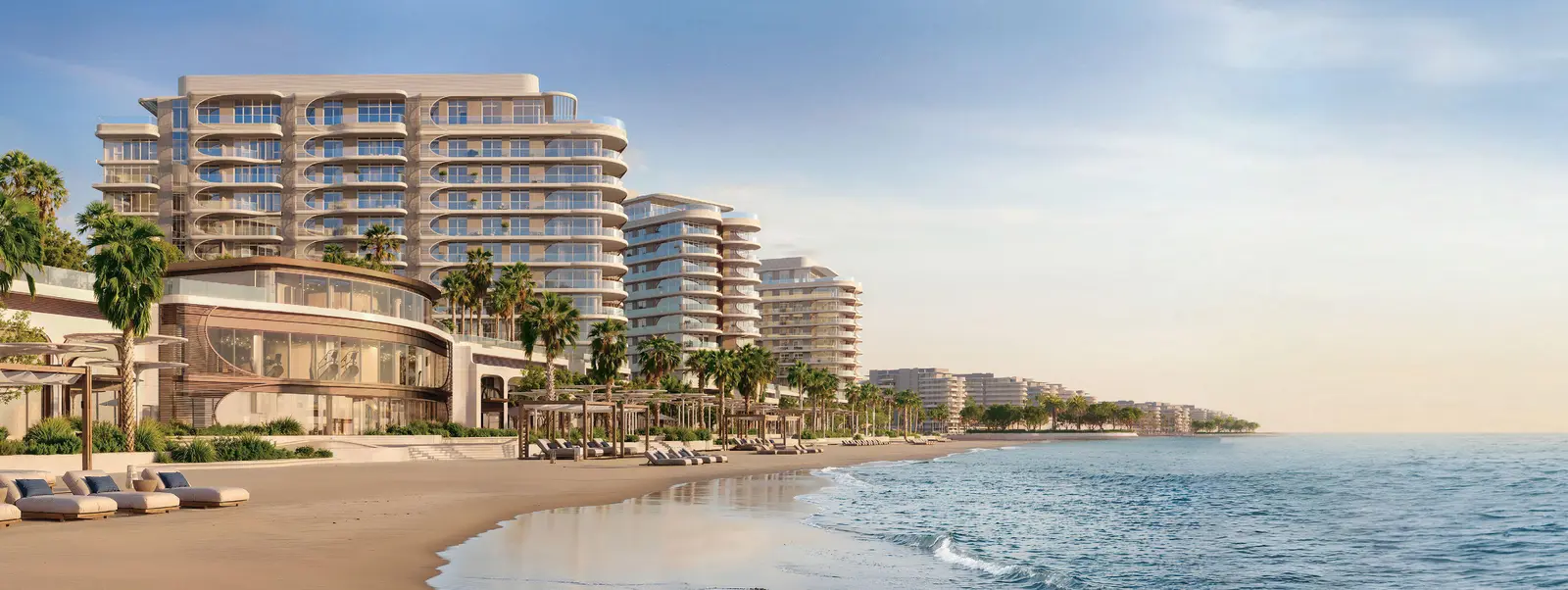 Contemporary residential complex of Fahid Beach Terraces Abu Dhabi, set along Coral Drive with shopping, dining, and leisure options.