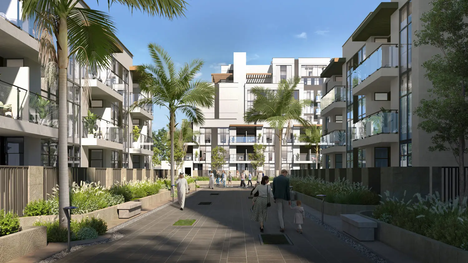 Royal Park Masdar City apartment exterior with sustainable urban design features