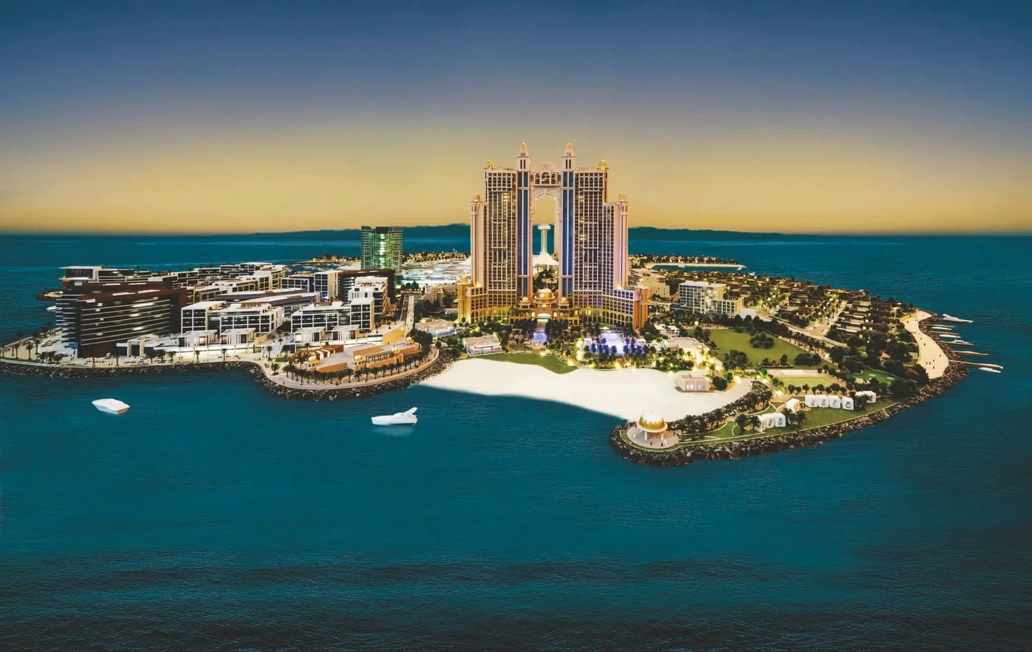 Nighttime exterior illumination of Fairmont Marina Residences, Marina, Abu Dhabi skyline.