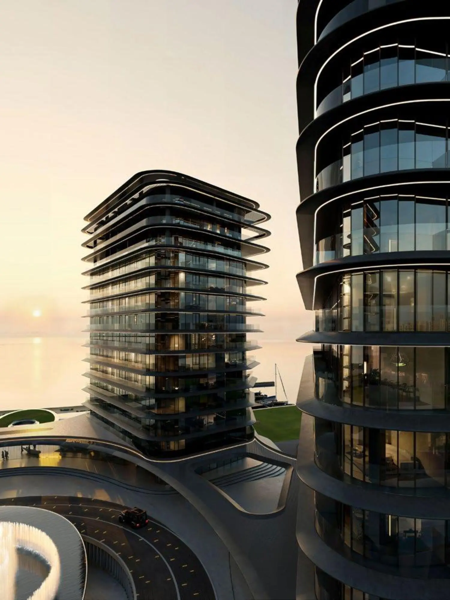 Aerial exterior view of Brabus Island Al Raha Beach Abu Dhabi showcasing island layout and waterfront villa clusters.