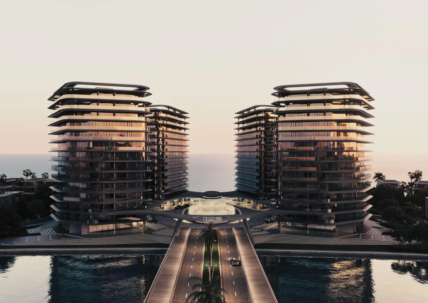 Brabus Island villas exterior Al Raha Beach Abu Dhabi featuring custom architecture and private waterfront garden views.
