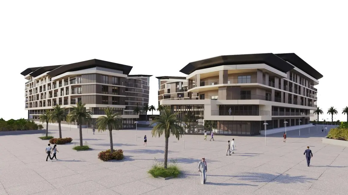 Stunning exterior of Al Mahra Residence with landscaped gardens and walkways in Masdar City Abu Dhabi.