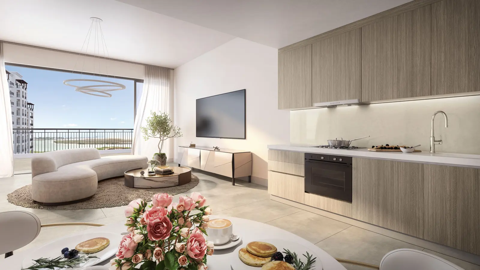 Stylish bedroom layout with natural light at Yas Golf Collection residence.