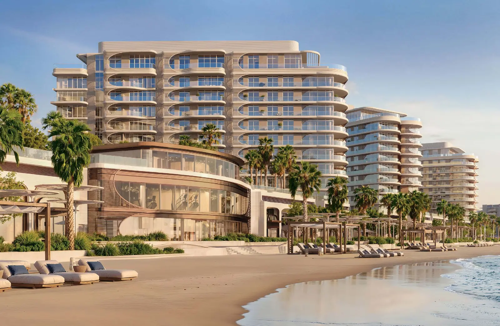 Waterfront façade of Fahid Beach Terraces Abu Dhabi, six G+10 buildings combining modern architecture and sea-inspired residential design..jpg