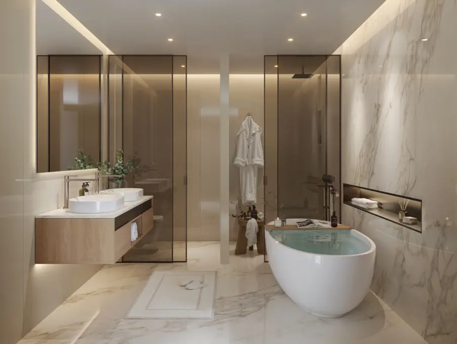 Stylish bathroom with luxury marble finishes and smart lighting at Fahid Beach Residences.png
