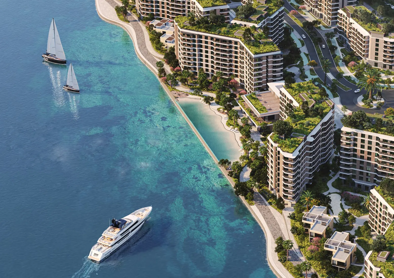 Waterfront building exteriors of Gardenia Bay Yas Island project with modern architectural design.