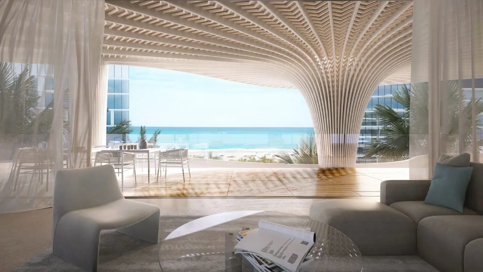 Spacious Mamsha Palm living room interior with sea views and modern open plan design