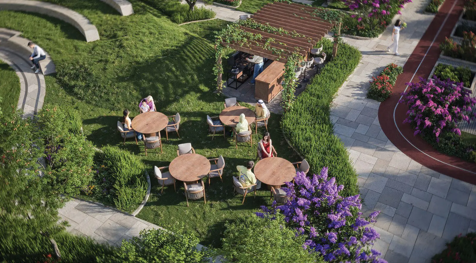 Bab Al Qasr Garden Residence 66 community garden in Masdar City Abu Dhabi featuring lush greenery walking paths and landscaped outdoor spaces for residents leisure and rela.jpg