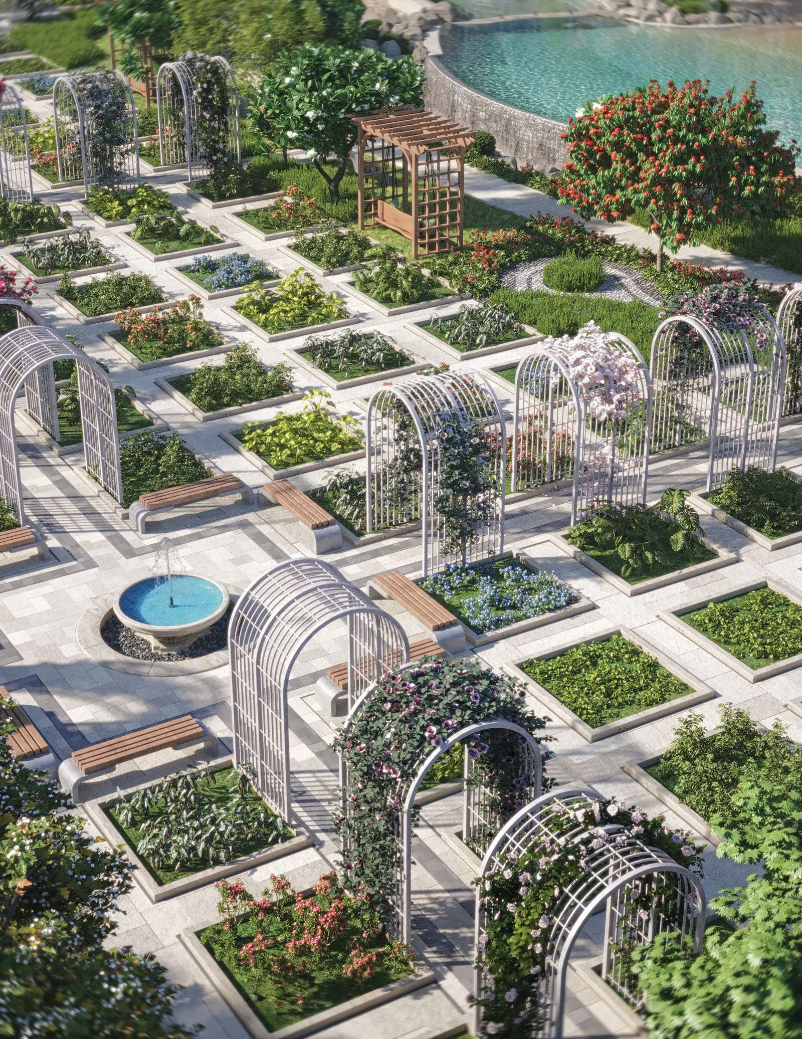 Bab Al Qasr Garden Residence 66 community garden in Masdar City Abu Dhabi featuring lush greenery walking paths and landscaped outdoor spaces.jpg