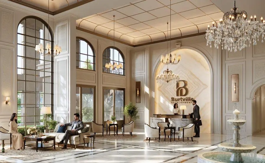 Entrance lobby with double-height ceilings luxurious finishes and welcoming design at Bab Al Qasr Garden Residence 66 Masdar City Abu Dhabi.jpg