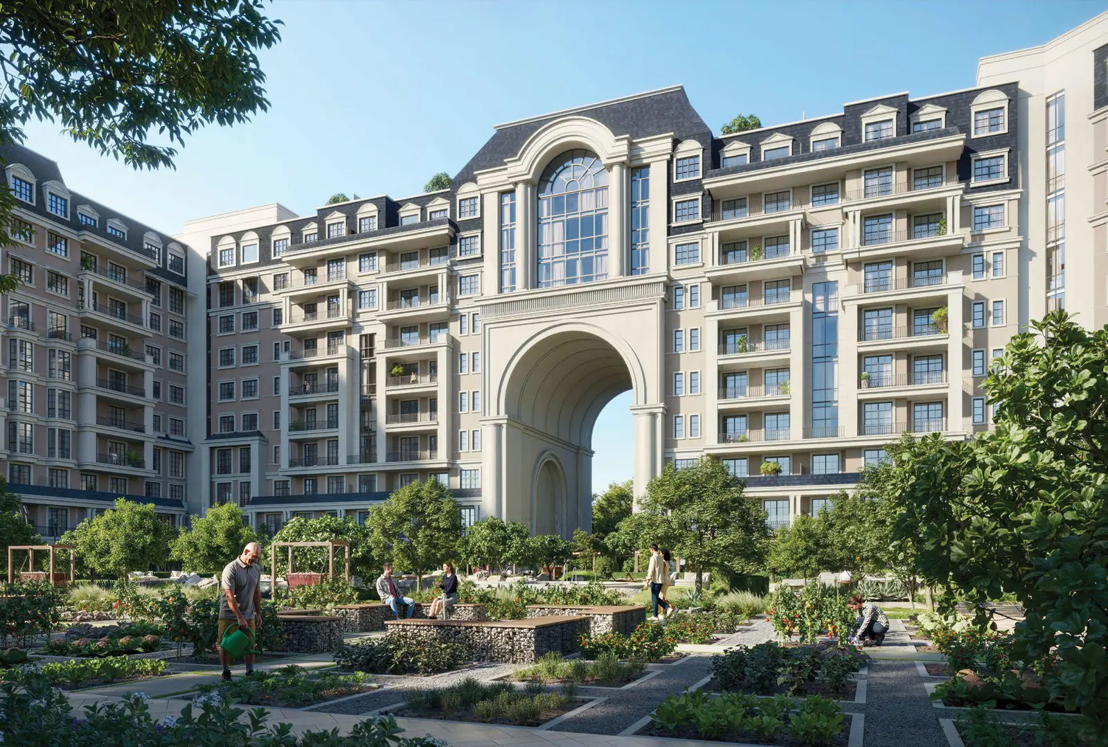 Facade view of Bab Al Qasr Garden Residence 66 Masdar City Abu Dhabi showcasing European countryside-inspired architecture with elegant detailing and landscaped surrounding.jpg
