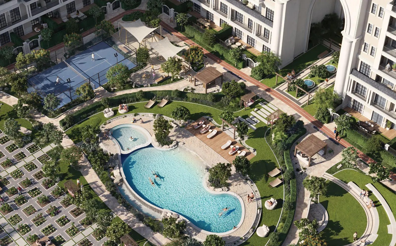View of Bab Al Qasr Garden Residence 66 from Masdar City Central Park Abu Dhabi showcasing green surroundings and residential elegance.jpg