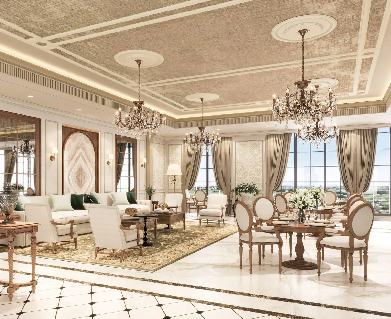 2 Dining area with chandelier stylish furniture and rugs at Bab Al Qasr Garden Residence 66 Masdar City Abu Dhabi ideal for family meals and social gatherings.jpg