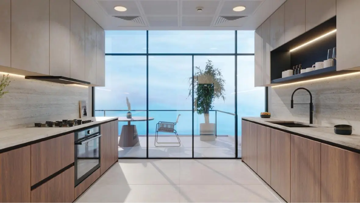 Contemporary kitchen at Juman 3 Luluat Al Raha with high-quality fittings and modern luxury real estate styling.jpg