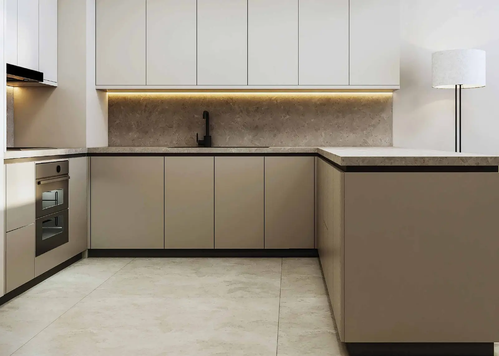 Radiant Wave modern kitchen interior showcasing high-end cabinetry, stylish countertops, and efficient open-plan layout