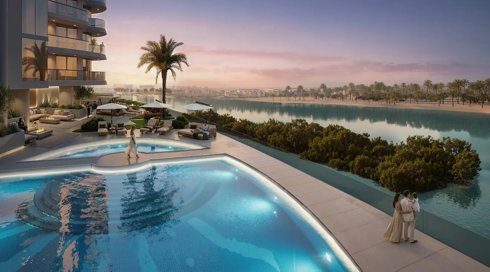 Radisson Residences Al Reem Island Abu Dhabi exterior at sunset highlighting waterfront living and landscaped terraces