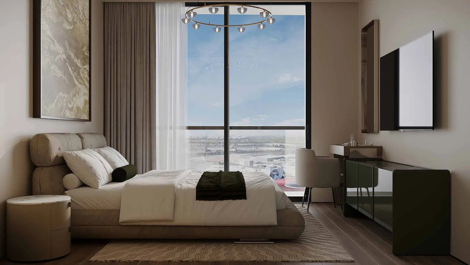 Modern bedroom interior at Manchester City Yas Residences on Yas Island, Abu Dhabi featuring spacious layouts and natural light.Ya Residences By Ohana Interior (1).jpg
