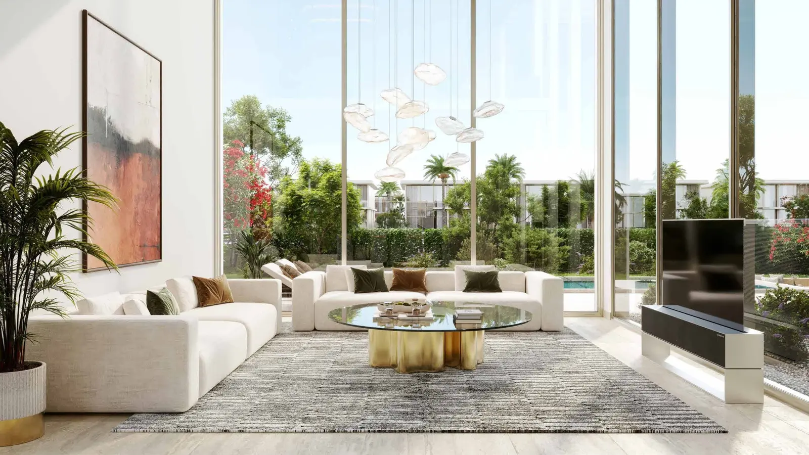 Bright open-plan living space at Manchester City Yas Residences on Yas Island, Abu Dhabi with sophisticated modern interiors.