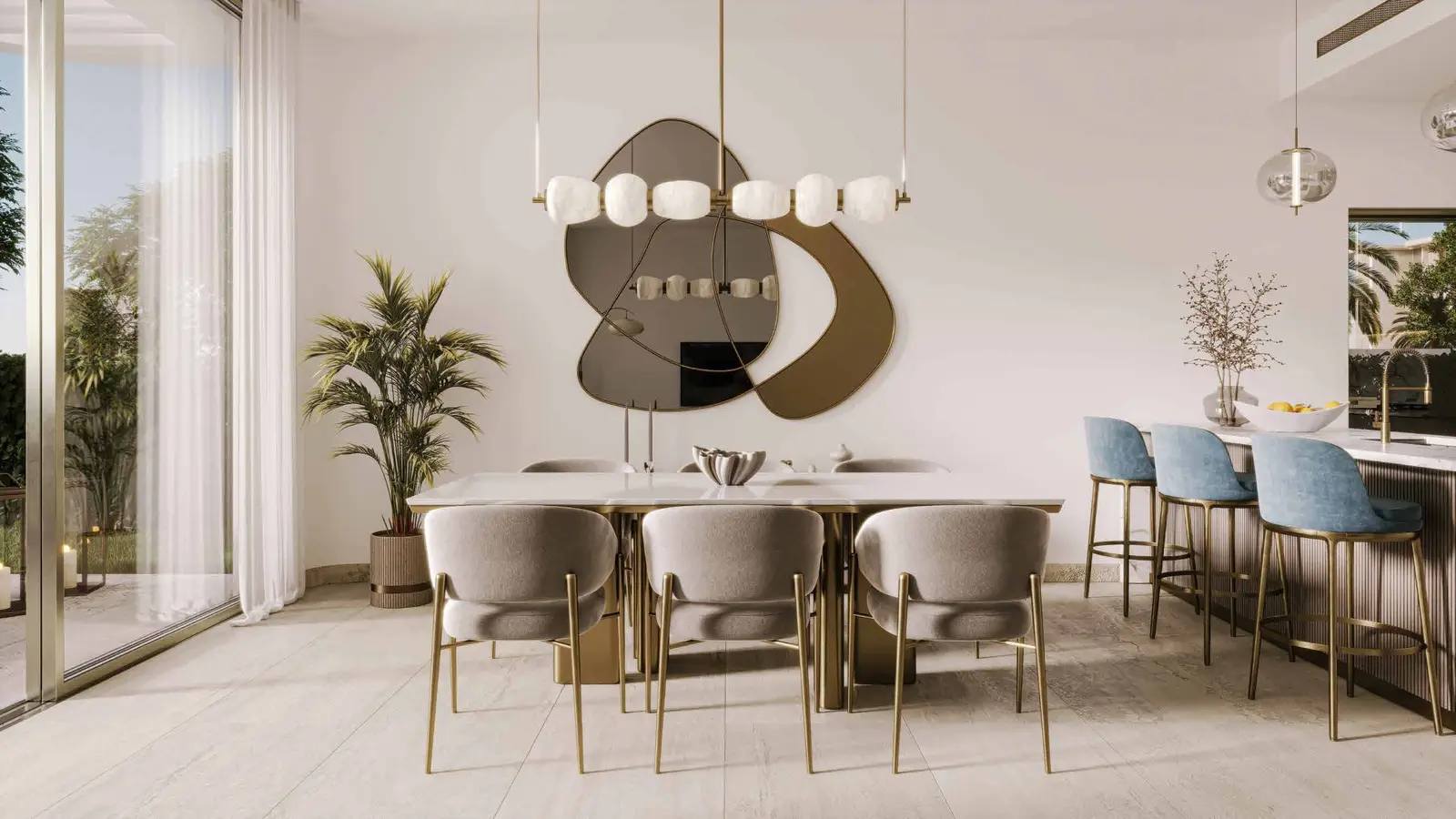 Stylish kitchen and dining area at Manchester City Yas Residences on Yas Island, Abu Dhabi with contemporary design.