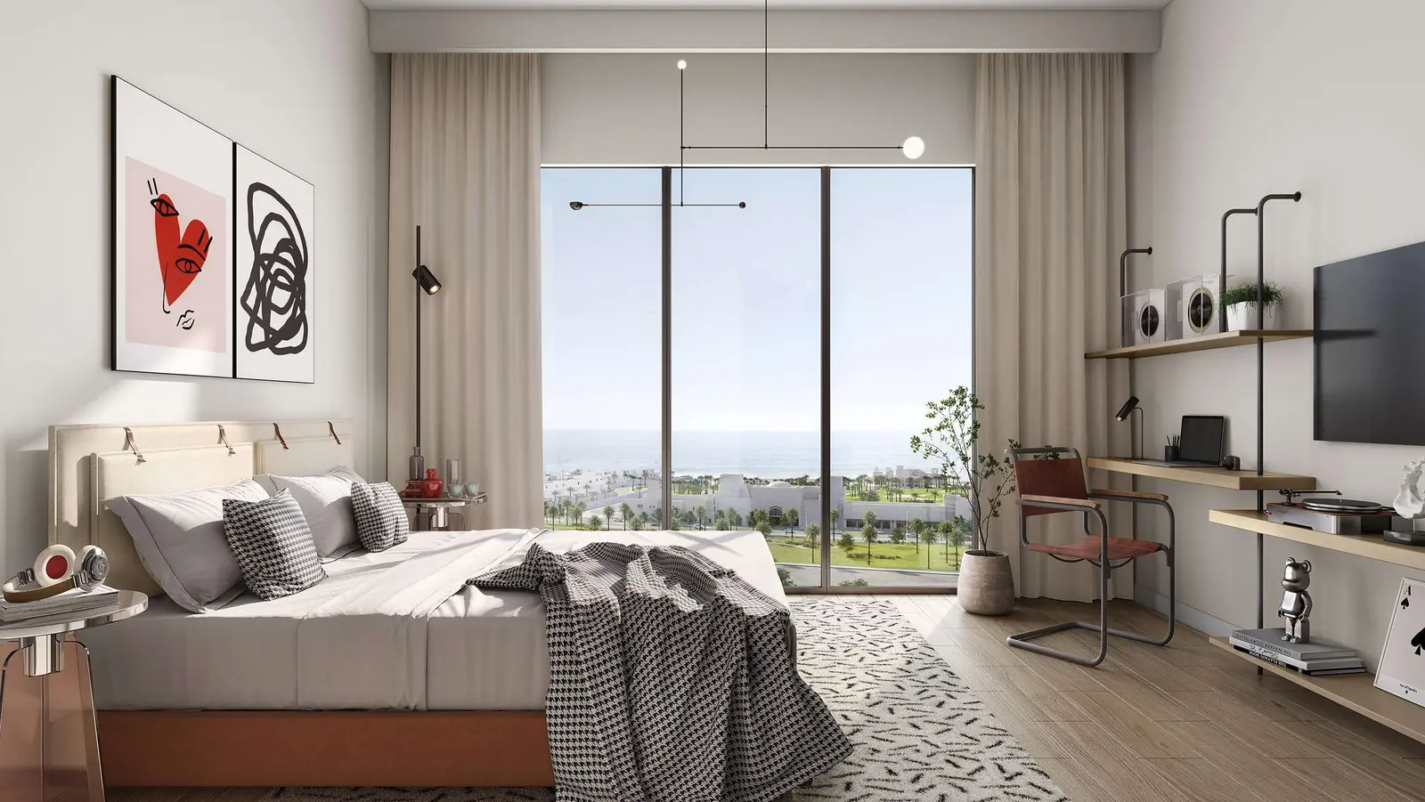 Elegant bedroom interior at Manarat Living III on Saadiyat Island, Abu Dhabi with spacious layouts and natural lighting.