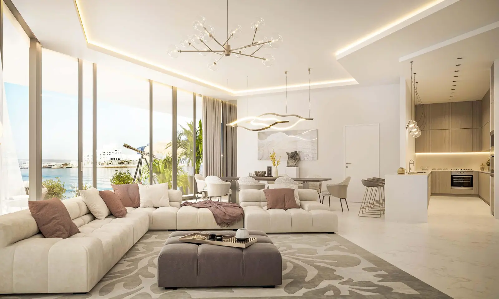 Elegant open-plan kitchen and living space at Yas Bay Residences Abu Dhabi showcasing premium finishes and contemporary luxury lifestyle design.