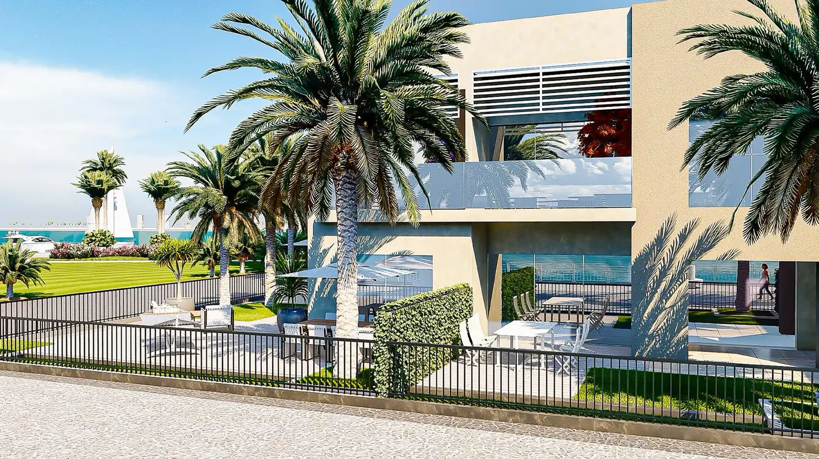 Modern exterior façade of The Bay Residence Yas Island Abu Dhabi showcasing premium real estate design along Yas Bay marina promenade.