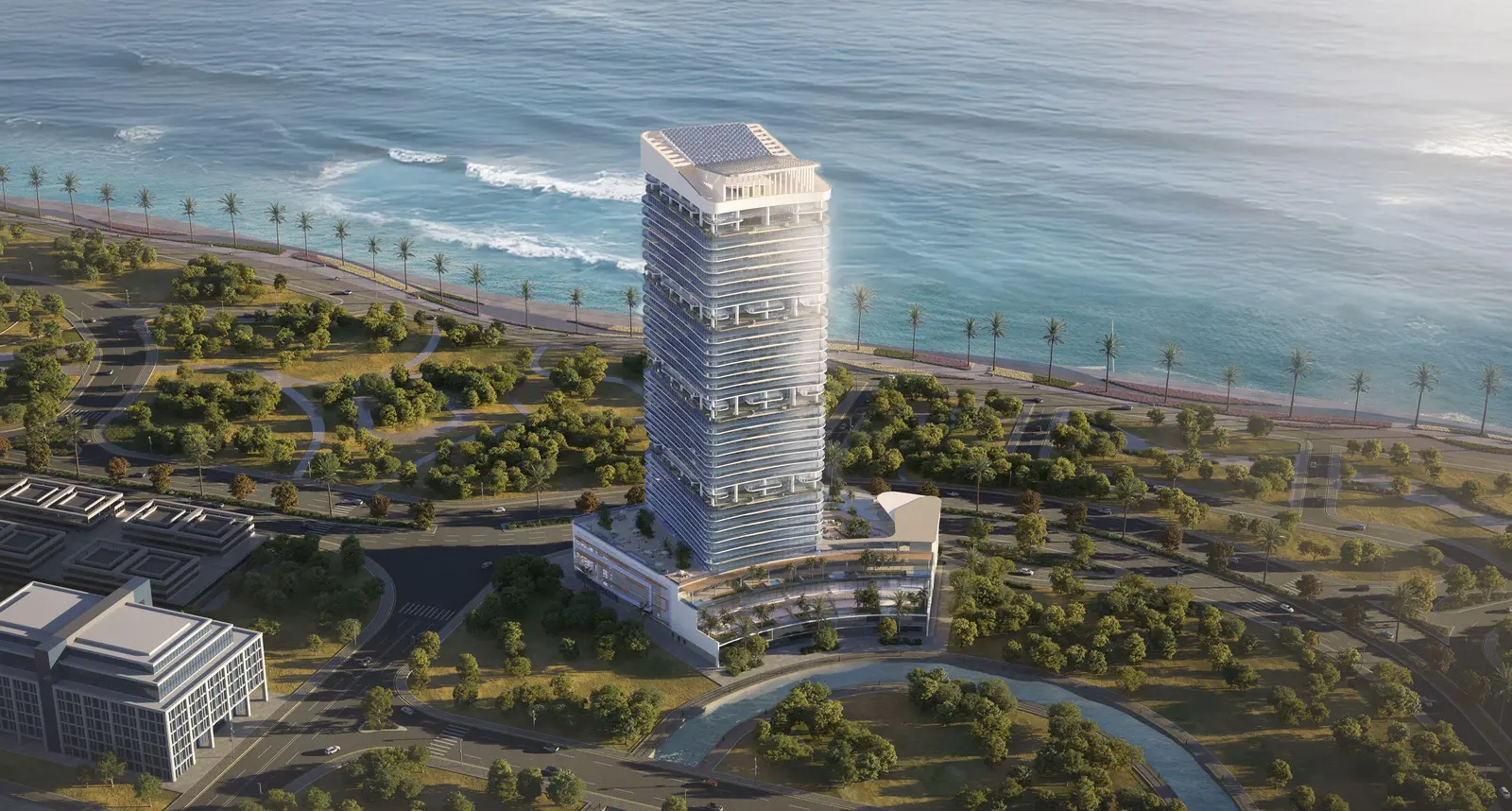 Night view of Radiant Elite Tower illuminated façade reflecting luxury urban living in Abu Dhabi.