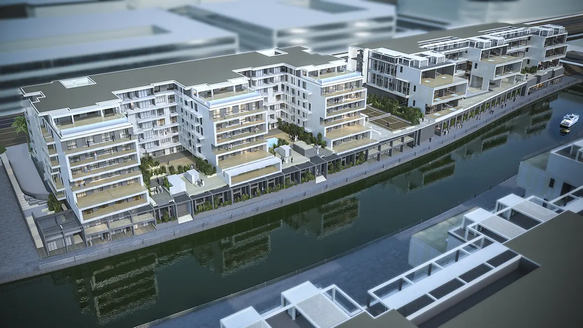 Building entrance with grand lobby and contemporary architectural elements at Al Raha Lofts 2
