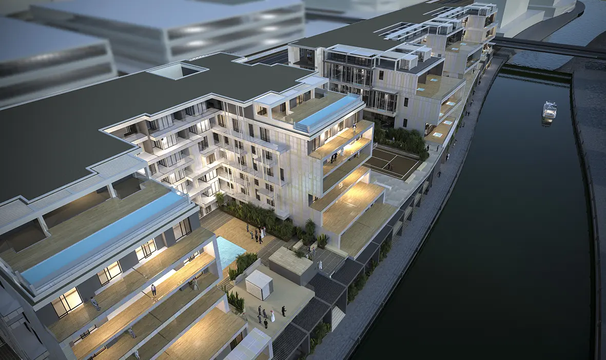 Contemporary building exterior with modern glass windows and architectural details at Al Raha Beach