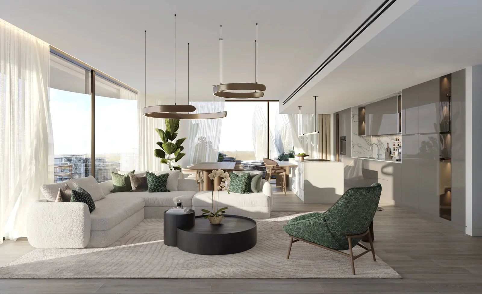 Modern living space at Mamsha Gardens on Saadiyat Island, Abu Dhabi showcasing spacious layouts, natural lighting, and sophisticated residential interiors.