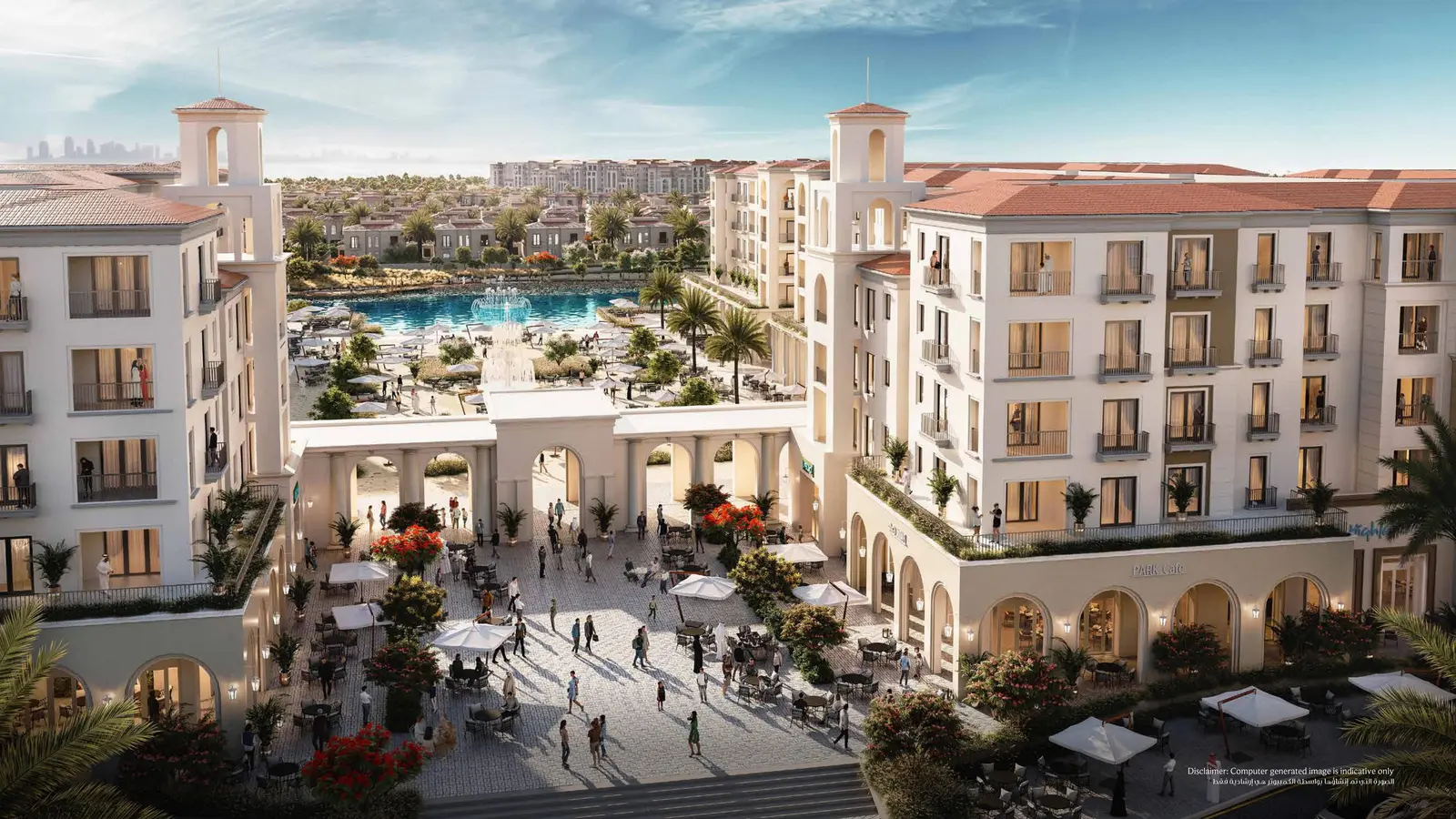 Spanish villa facade with arched windows at Bloom Living in Zayed City, Abu Dhabi.