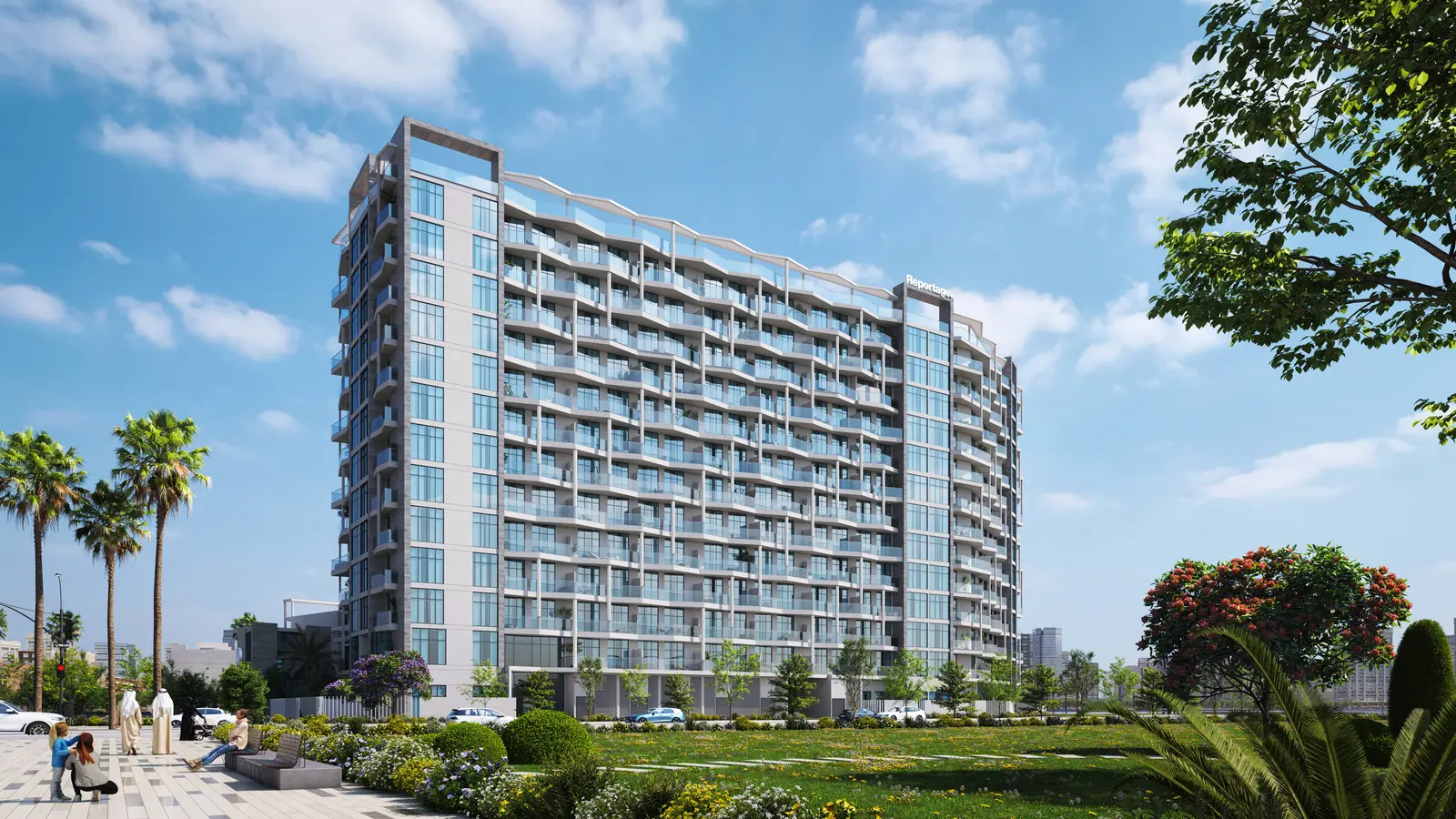 Illuminated evening exterior view of Perla 3 residential tower on Yas Island Abu Dhabi showcasing luxury coastal design