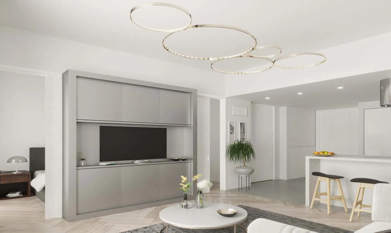 Well-appointed bedroom with large windows and built-in closet at Al Mahra Residence in Masdar City.