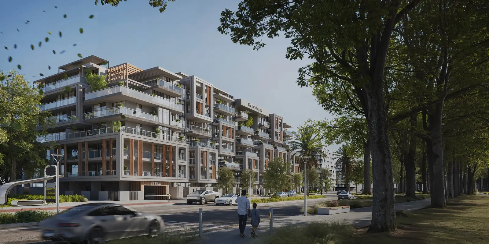 Evening view of Sila villas with warm lighting and modern architectural design in sustainable Masdar City.