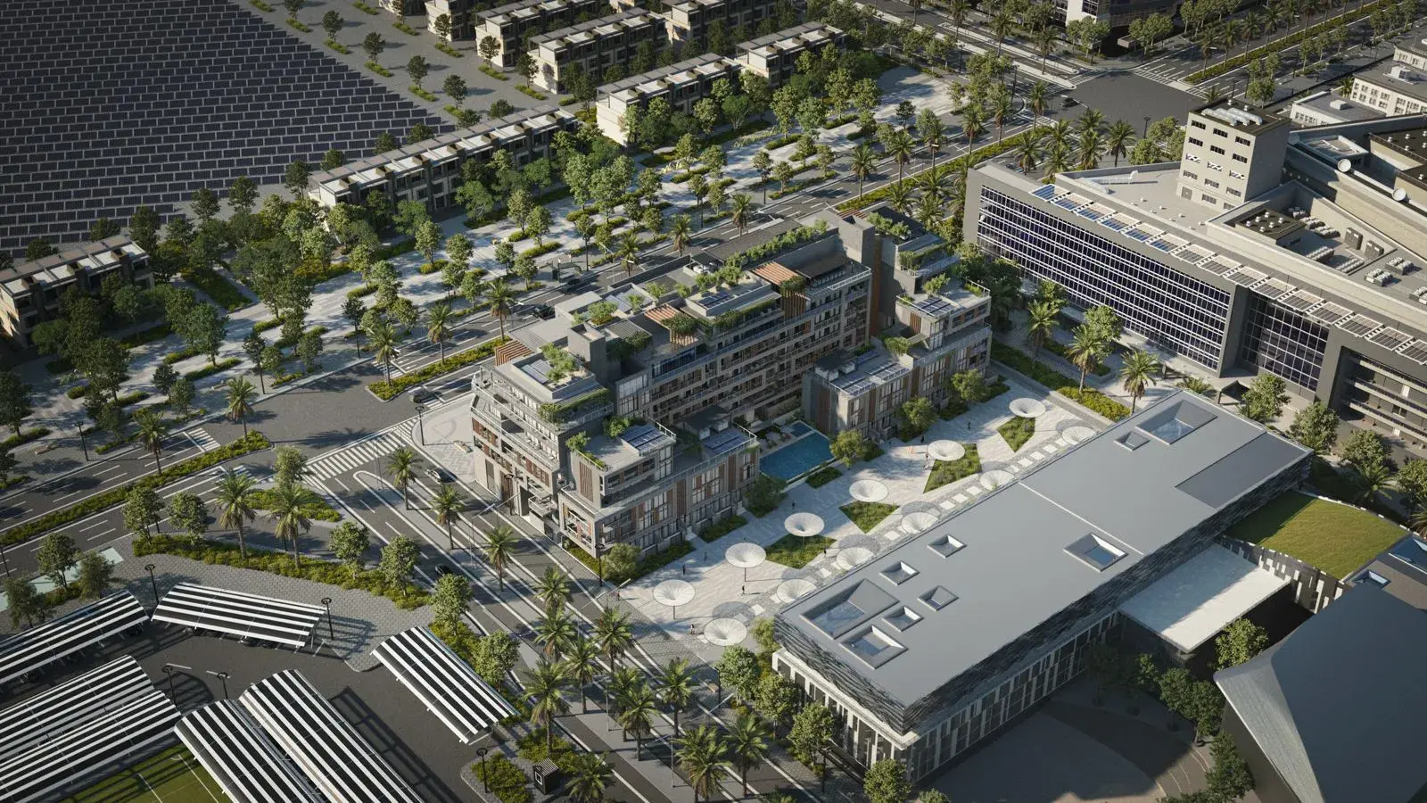 Sustainable community entrance at Sila with green landscaping and eco-friendly design in Masdar City.