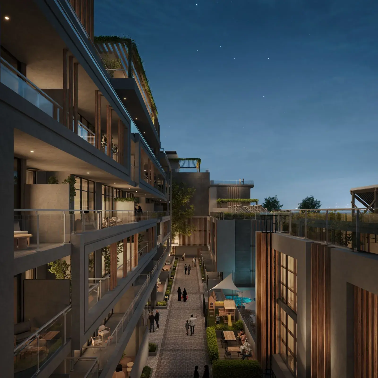 Aerial perspective of Sila residential community with landscaped gardens and sustainable design in Masdar City.