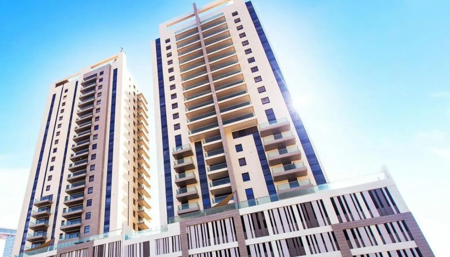 Modern twenty-six storey twin exterior of Parkside Towers located in Shams Abu Dhabi, Al Reem Island, UAE.