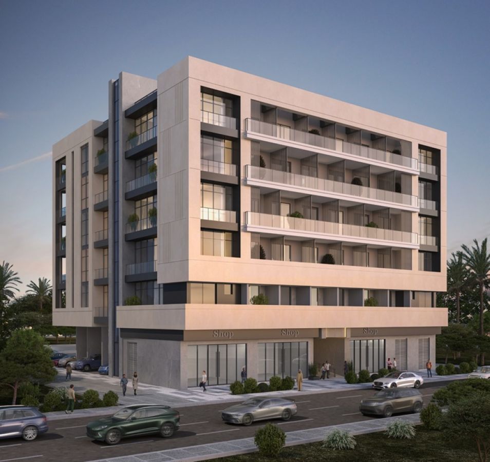 Contemporary mid-rise exterior facade of nasma1 mixed-use residential building in Al Shamkhah Abu Dhabi